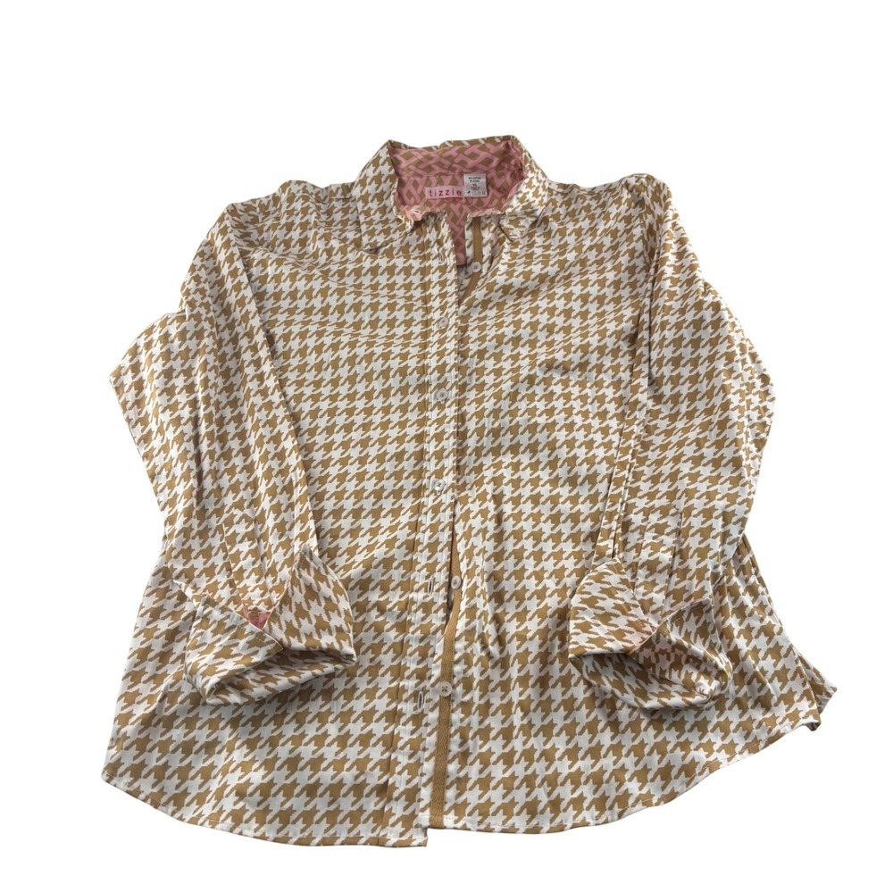 Tizzie Womens XL Tan Houndstooth‎ Button Down Shirt Pink Contrast Trim Cotton
